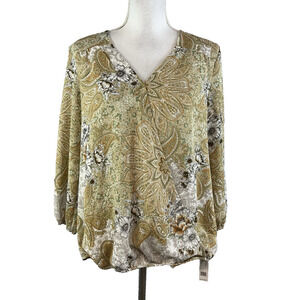 Counterparts Blouse Top sz Medium Khaki Gold Floral Paisley Sheer Career Church
